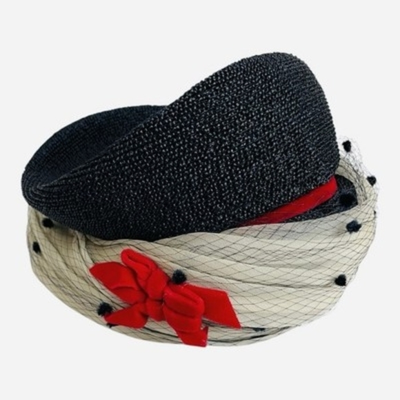 Vintage 50s 60s Dark Blue Straw Whimsy Pillbox Hat Polka Dot Net Veil Red Bow VG main image 4